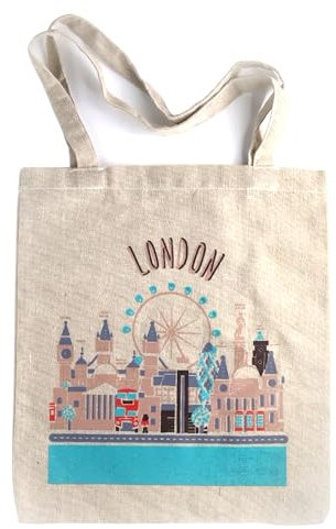 Lang Horn London-Souvenir-Tragetasche, Geschenk – 35,6 x 40,6 cm, Baumwolle, langer Griff, Geschenke, London-Einkaufstasche, London-Umhängetasche, Andenken, Erinnerungsstücke, beige, 14x15.5