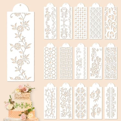 Wadafen 16 Pcs Cake Stencil Set - Floral & Side Pattern Stencils for Buttercream Decorating, DIY Cakes, Biscuits & Desserts