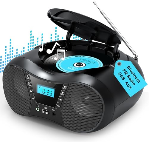 Greadio Boombox Portable CD Players for Home with Bluetooth, Boom Box CD Player FM Radio Combo, Stereo Sound, AC/Battery Powered, CD/CD-R/RW Compatible, Support AUX/USB/Headphone, Timer, Repeatable