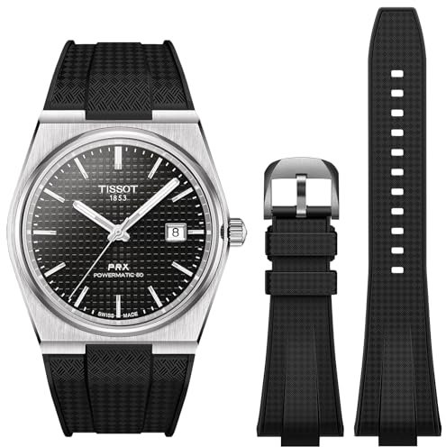 REBANDACE Armband für Tissot PRX Watch, Silikonband, Schwarz, 12 mm, Unisex, Wasserfest, Schweißresistent, Classic, One Size, Edelstahl, Tissot PRX Uhren, Uhrenarmband