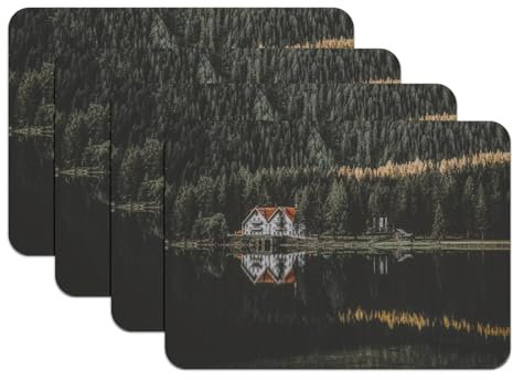 Tischsets mit Unterseite aus Gummi, Holzhaus am See im Wald, großes Format, 39,5 x 28,5 cm, 4 Stück
