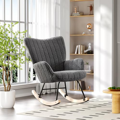 okwish Schaukelstuhl, Schaukelsessel mit Teddyfell-Optik, Armlehne, Gepolsterter Sessel mit Holzkufen, Relaxsessel für Wohnzimmer, Schlafzimmer, bis 120 kg belastbar, Grau