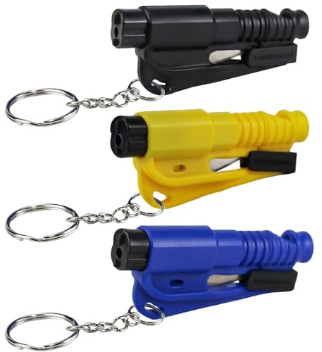 Lot de 3 porte-clés de sécurité 3 en 1, coupe-ceinture, brise-vitre d'urgence, sifflet d'urgence, porte-clés d'urgence pour la fuite de voiture, noir, bleu, jaune, Colors
