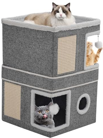 Cat House for Indoor Cats Cube Condo, 3 Tier Stackable Cat Cave Beds & Furniture with Scratch Pad and Peephole, Cute Modern Cat Condo for Multi Small Medium Pet Kitten Puppy