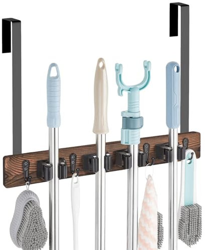 Zvn Zojne Wall Mount Mop and Broom Holder - Over the Door Broom Holder with 2 Hooks | Drilling Back of Door Broom and Mop Holder Door Mount | Broom Storage Tool Organizer for Garage Closet