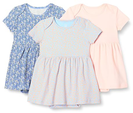 Amazon Essentials Robe à Manches Courtes en Jersey de Coton Bébé fille, Lot de 3, Rose Pâle/Bleu Posey Floral, 24 mois