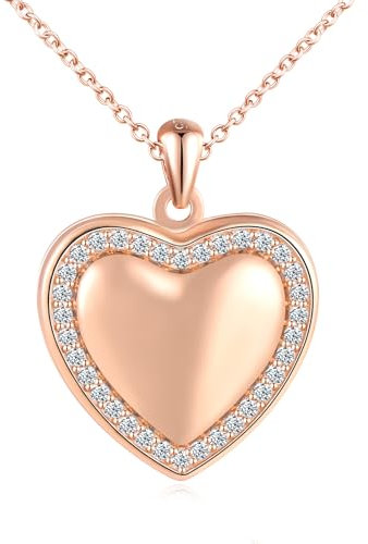 Herz Foto Kette Silber 925 mit Bild: Halskette Damen Mädchen mit Zirkon Rand Medaillon zum Öffnen für Bilder-Anhänger Ketten Amulett Schmuck-Liebe Geschenk für Frauen Mama Freundin Tochter Roségold