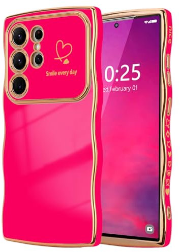 LCHULLE Compatibile con Samsung Galaxy S25 Ultra Cover cuore d'amore Custodia con forma ondulata ragazze Protezione della fotocamera Cover galvanizzata Custodia per Samsung S25 Ultra Rosa rossa