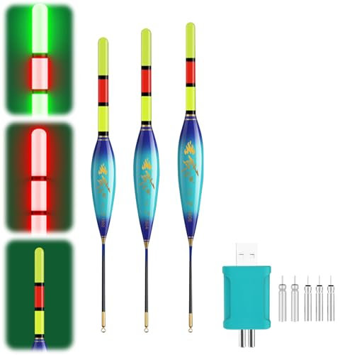 Hekasvm LED Posen Angeln Set 4g/6g/8g Kann die Farbe ändern, wenn der Fisch den Haken beißt, Angelzubehör Fishing Posen mit Batterie Ladegerät und Stabbatterie Typ CR425 (5g/7g/9g-B)