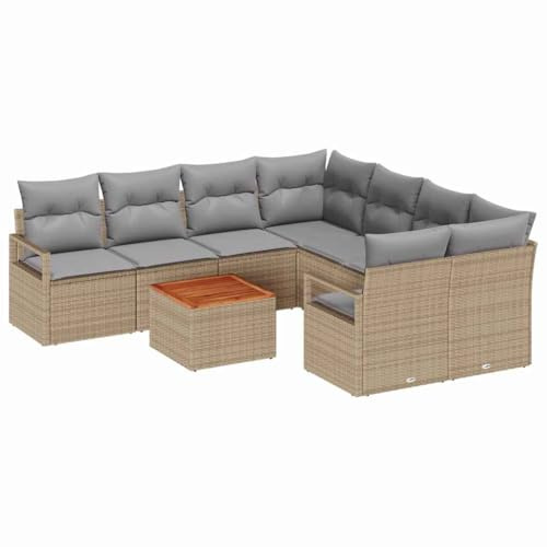 vidaXL 9-teiliges Garten Sofa Set mit Kissen Beige Poly Rattan Akazie, 2-Sitzer Garten Sofa mit Kissen Beige Poly Rattan