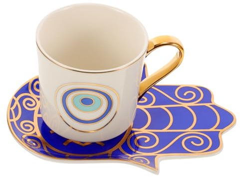 FUNNETOYU Tazze in Ceramica Piattino Tazza Cappuccino e Latte Design Vintage Con Occhio Azzurro Resistenti Microonde e Lavastoviglie Per Caffè Tè e Bevande Calde