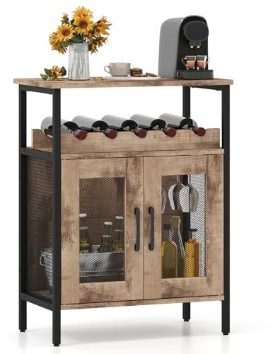 COSTWAY Wine Cabinet Sideboard, Kitchen Storage Cabinet with Removable Wine Rack, Glass Holder, Mesh Door & Anti-tipping Device, Wooden Buffet Cupboard Organizer for Dining Living Room (Grey Wash)