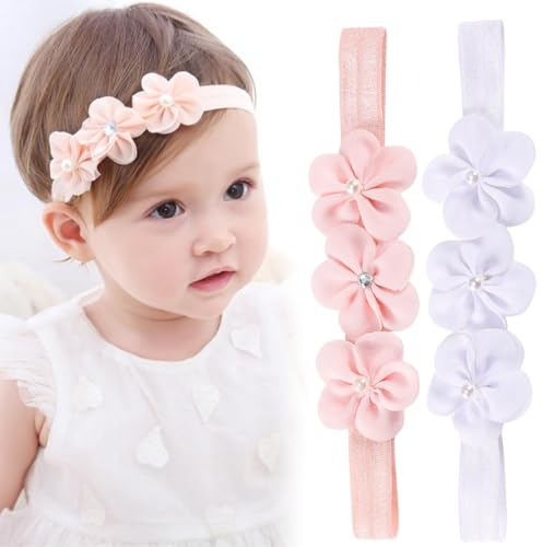 GHPKOTW 2 Pezzi Fascia Capelli Neonata, Fasce In Gros Grain Per Bambine Floreale, Copricapo Elastici, Fascette Neonata, Nastri Capelli Per Neonati E Bambini Piccoli