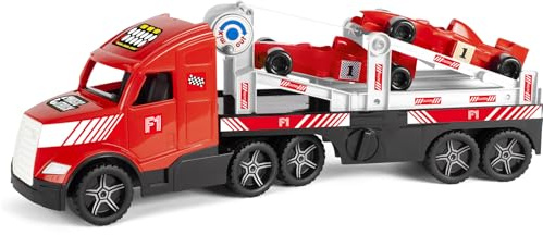 Wader 36241 - Magic Truck Formel 1 Transporter mit Seilwinde, Größe ca. 79 cm, für Kinder ab 3 Jahren, geeignet als Geschenk für kreatives Spielen