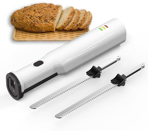 Coltello elettrico per il pane da 8 V, coltello elettrico per intaglio, coltello elettrico ricaricabile senza fili da 2000 mAh, con 2 lame in acciaio inossidabile, ideale per affettare carne, pane