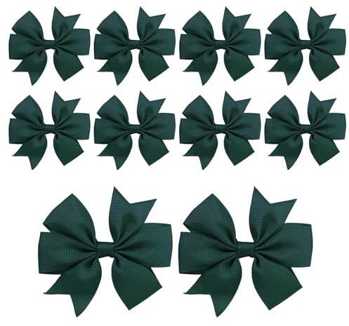 10Pcs Hair Bows Clips Dark Green School Hair Accessories for Girls | 3 Inch Pinwheel Ribbon Bow Hair Barrettes Hair Bows for Girls Kids Toddlers School Christmas Birthday Gifts