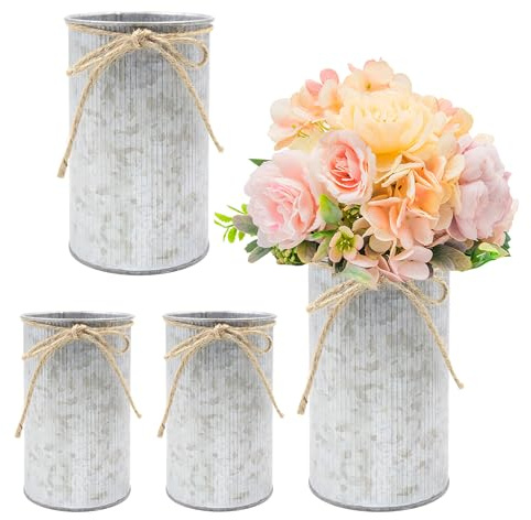 2 Sizes Rustic Farmhouse Vases Metal Vase with Twine Bow Vintage Galvanized Flower Buckets Farmhouse Table Centerpieces for Floral Arrangements Weddings Home Decor (Grey)