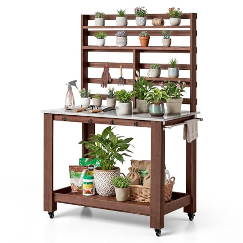 VEVOR Mesa de Jardinería, Banco de Trabajo de Jardín de Madera 115 x 66 x 169 cm con Ruedas, Estante Superior, Tablero de Acero Inoxidable, Ganchos, Cajón, Armario para Macetas Almacenamiento Exterior