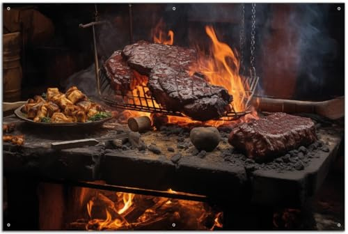 Wallario Outdoor-Poster für Garten oder Balkon Urige Grillkunst: Steakschmiede, Motivbanner Größe: ca. 60 x 90 cm, Outdoor-Bild