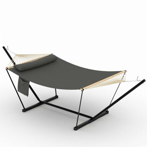 GarveeLife Doppel-Hängematte mit Stahlrahmen, dunkelgrau | Faltbar und verstellbar aus Polyester-Baumwolle, bis 204 kg belastbar, mit Tragetasche für Garten und Terrasse