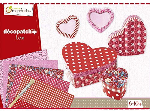 Avenue Mandarine - Ref 42718O - Décopatch Creative Box - Love Age 9+ & Hearts - 5 x Heart Maché Objects, Brush, Glue & 3 x Papers - Full Instructions Supplied, Suitable for Ages 6-10+