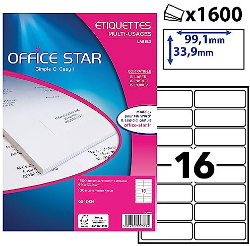OFFICE STAR - 1600 Étiquettes Autocollantes Multi-Usages Blanches Personnalisables Imprimables - Format 99,1 x 33,9 mm - Impression Laset Jet d'Encre et Copieur