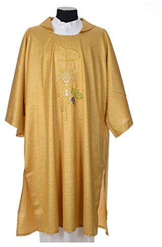Goldene Dalmatik aus 80% Wolle und 20% Lurex mit Chi-Rho-Zeichen Kelch Hostie Kornähren