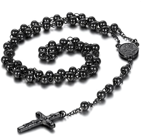 OIDEA Herren Halskette Kreuz Rosenkranz: Kugelkette aus Edelstahl mit Medaille Anhänger Kreuzkette Kommunion Perlen Katholisches Schmuck Geschenk für Männer jungen Schwarz