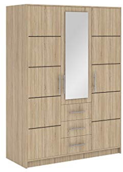 Furniture24 Kleiderschrank Bali D3 Schlafzimmer 3 Türiger Drehtürenschrank 3 Schubkästen Schrank 1 Kleiderstange 5 Einlegeboden Spiegel Sonoma Eiche