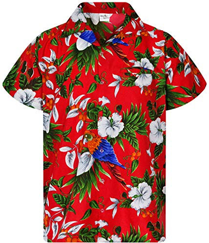 King Kameha Funky Chemise-Hawaienne, Manche-Courte, Cherry-Parrot, Rouge, 3XL