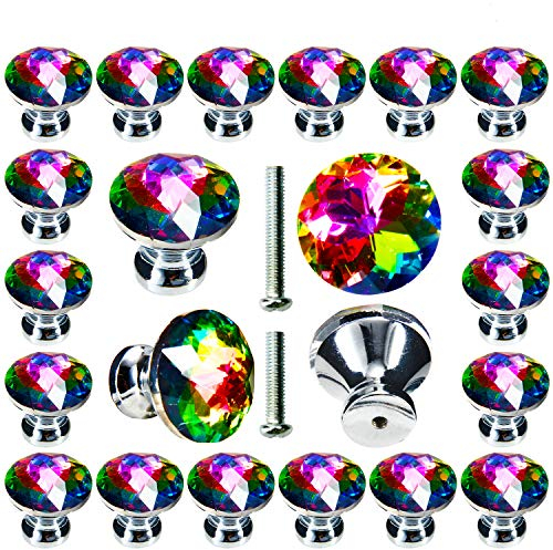 POZEAN Paquete de 30 pomos de cristal para armario, cajón con tornillos de dos tamaños diferentes, tiradores de vidrio de diamante (30 mm, paquete de 30 unidades, coloridos)