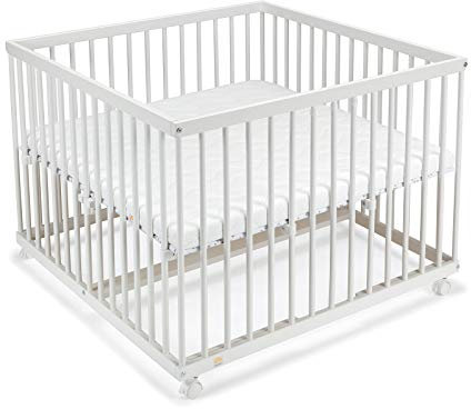 FabiMax Baby Laufgitter 100x100 Weiß lackiert, Stufenlos höhenverstellbar, mit Schlupfsprossen, Laufstall aus massivem Buchenholz (Matratze Air)