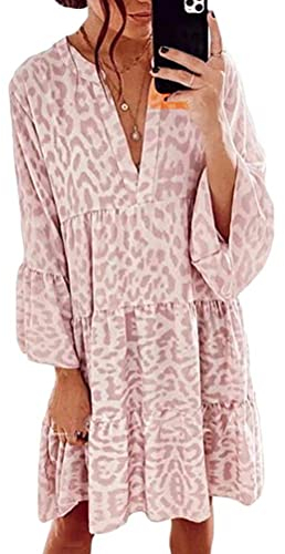 ORANDESIGNE Damen Kleider Strand Elegant Casual A-Linie Kleid 3/4-Arm Sommerkleider Boho V-Ausschnitt Tunika Mini Kleider C Rosa XL
