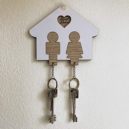 Fitwish Portachiavi in Legno Coppia a Forma di Casa - Idea Regalo Perfetto per Lui e Lei - Idea Regalo Natale e San Valentino - Ideale per Decorare la Vostra Casa (Bianco-Color Legno)
