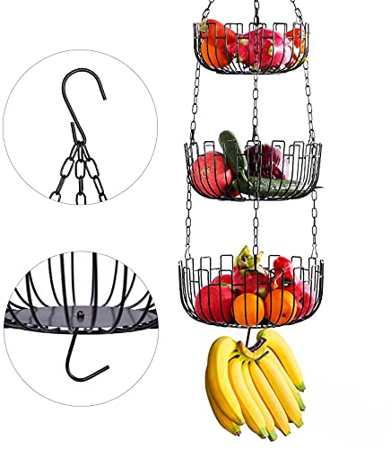 LAIYUTING Hängender Obstkorb Obst Aufbewahrung - 3 Stöckig Metall Aufhängen Obstschale Hängend Etagen Deko Korb Küchenampel Gemüsekorb Obstkörbe Etagere Obst Hängekorb für Küche Schwarz