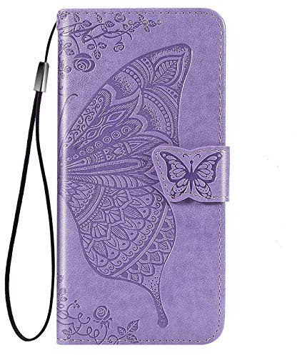 GOGME Funda para Xiaomi Redmi 9C NFC Funda, Suave PU Cuero Flip Carcasa Case Cover, Cubierta Magnética en Relieve de la Mariposa, Billetera con Soporte/Tapa Tarjetas. Morado