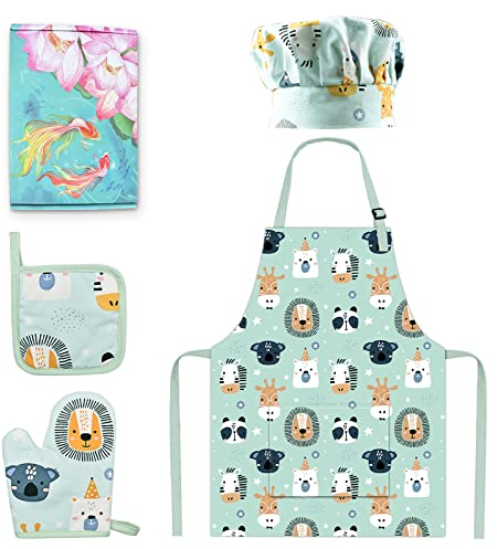 Pipoobear Kinderschürze Backset für 2-6 Jahre, 4-Teiliges Set mit Schürze, Kochmütze, Ofenhandschuhe, Matte aus Baumwolle für Malerei, Kochen, Backen in der Küche