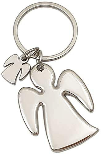 myledershop Schlüsselanhänger in Engel-Form mit zusätzlichem Mini-Engel und Schlüsselring aus Metall in Silber
