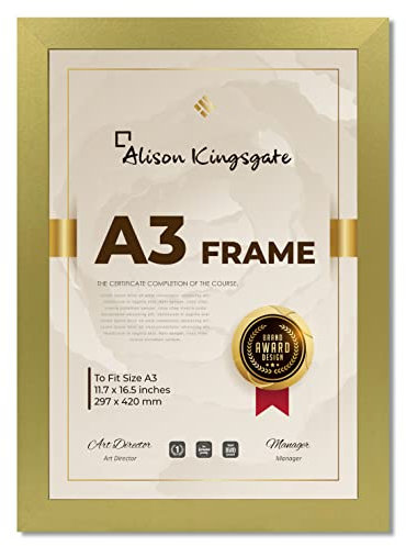 Alison Kingsgate Gold A3 Frame in Size 30x42cm - A3 Gold Frame with Clear Perspex Sheet & Wall Mounted Hook - Use for Picture Frames - Gold Photo Frame - A3 Poster Frames (A3, Gold)