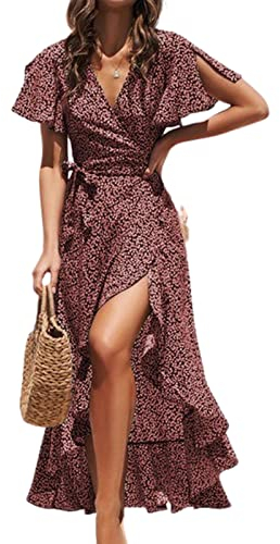 CUPSHE Damen Sommerkleid V Ausschnitt Kurzarm High Low Wickelkleid Rüschensaum Lange Freizeitkleider Strand Maxi Dress Rot XS