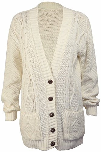 Purple Hanger Women’s New Long Sleeves Ladies Chunky Aran Cable Knit Button Grandad Cardigan Sweater Plus Size 8-26 (14-16, Cream)