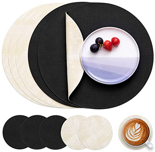 Myir JUN Tischsets Abwaschbar Leder und Untersetzer, Doppelseitigen Platzset Rund Ø 36cm 6er Set rutschfest Glasuntersetzer Platzdeckchen Leder Kunstleder Tischset (Cremeweiß Schwarz, 6er Set)
