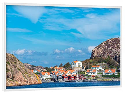 artboxONE Poster mit weißem Rahmen 18x13 cm Natur Meer, Felsen, Häuser - Bild schweden fjällbacka heidekraut