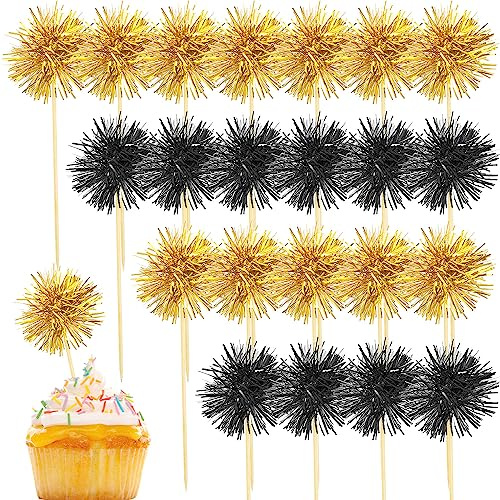 80 Stück Feuerwerk Cupcake Topper Gold Graduierung Kuchen Dekorationen Folie Rüschen Zahnstocher für Party Dekoration, Kuchen Topper, Picknicks, Bar, Geburtstag, Urlaub (Schwarz, Gold)