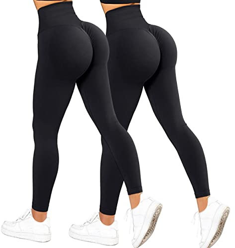 RXRXCOCO High Waist Sport Leggings Damen Lang Blickdicht Push Up Sporthose Scrunch Booty Gym Laufhose Schwarz 2er Pack(M)