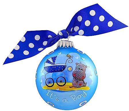 Krebs Glas Lauscha - Weihnachtsdekoration/Christbaumschmuck aus Glas - Motiv: It's a Boy - Alpine Blau mit Schleife - Größe: 8cm