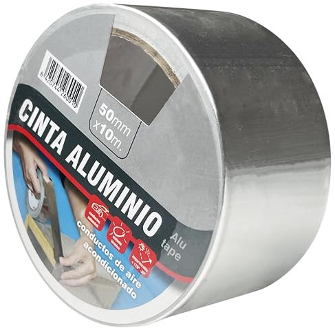 Cinta Adhesiva de Aluminio 50 mm x 10 m - Cinta Aluminio Adhesiva Resistente a Agua y Calor - Ideal Aislante Termico, Sellado Conductos, Ventilación, Aire Acondicionado (1 Rollo)