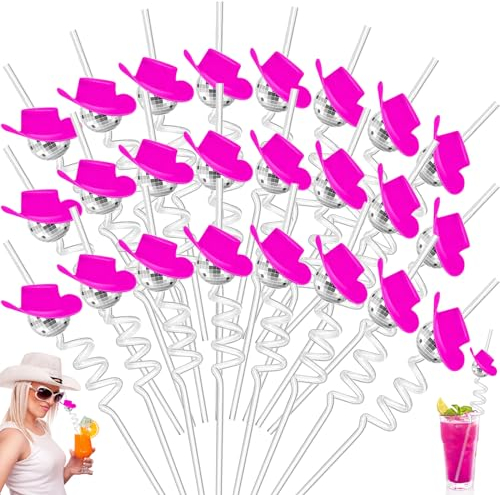 CZBRO 24 PCS Mirror Disco Ball Straws, Disco Party Decorations with Disco Balls & Cowboy Hats, Silver & Pink