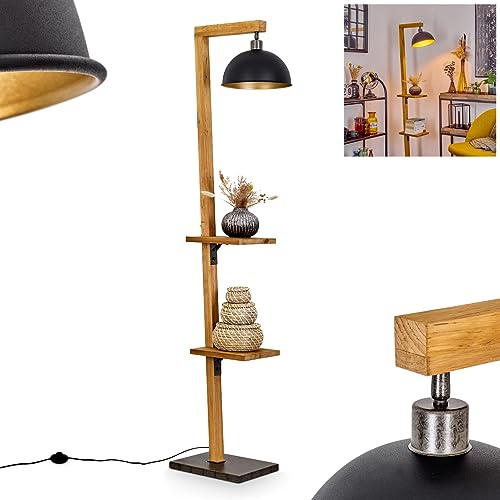 Stehleuchte Baval, moderne Stehlampe aus Metall/Holz in Nickel-Antik/Natur/Schwarz/Gold, Standlampe m. verstellbarem Schirm, Fußschalter am Kabel, Ablageflächen, Höhe 164cm, 1x E27, ohne Leuchtmittel