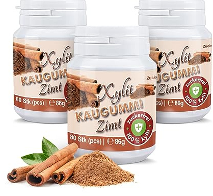 Xylit Kaugummi - Tschüß Karies: 240 zuckerfreie Zahnpflegekaugummi - 100% Xylit, ohne Aspartam, vegan - angenehmer Atem & frischer Mund - Zimt-Geschmack (3 Dosen)
